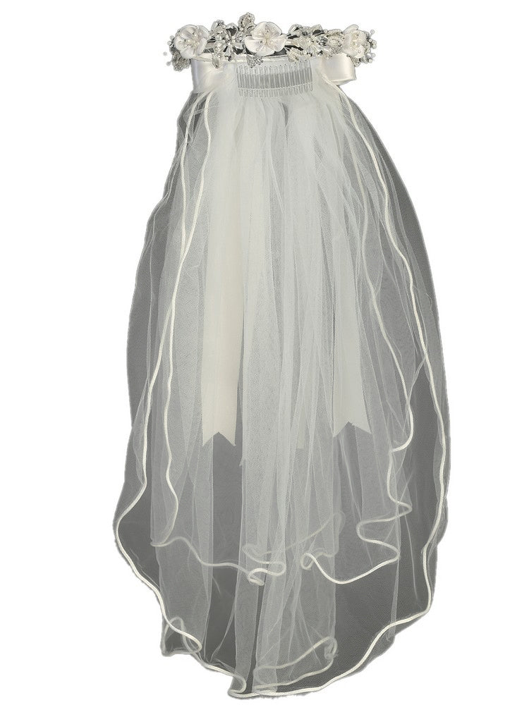 Girls White Satin Crystal Flowers 24 Inches Communion Flower Girl Veil
