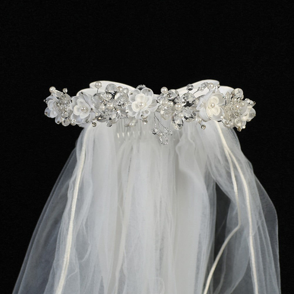 White Crystal Flower Organza Satin Bow Special Occasion 24" Veil Tiara