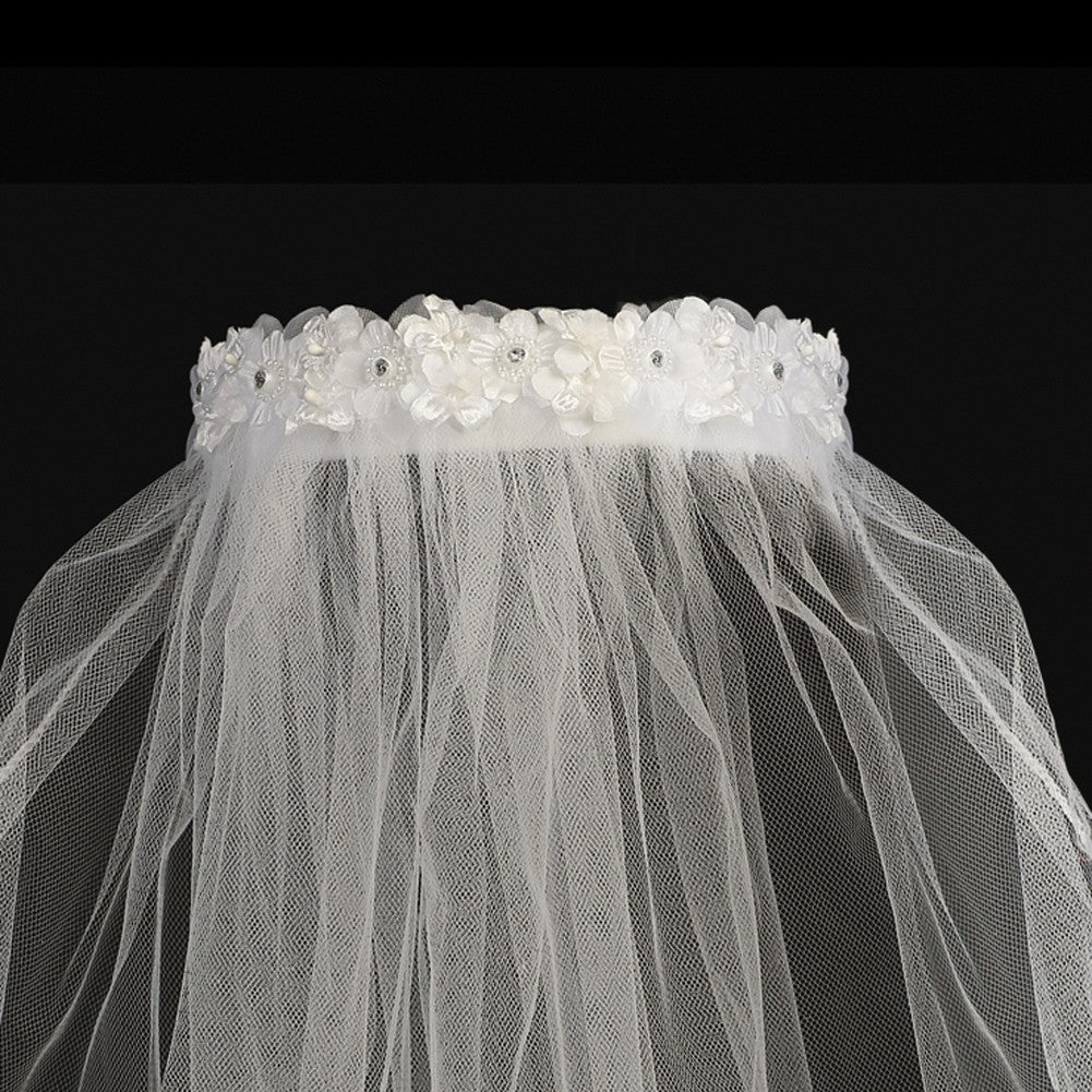Girls White Pearl Rhinestone Flowers Special Occasion 18" Veil Headband