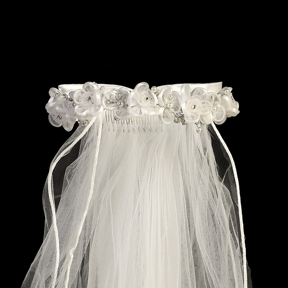 Girls White Organza Flowers Rhinestone Pearl Special Occasion 24" Veil