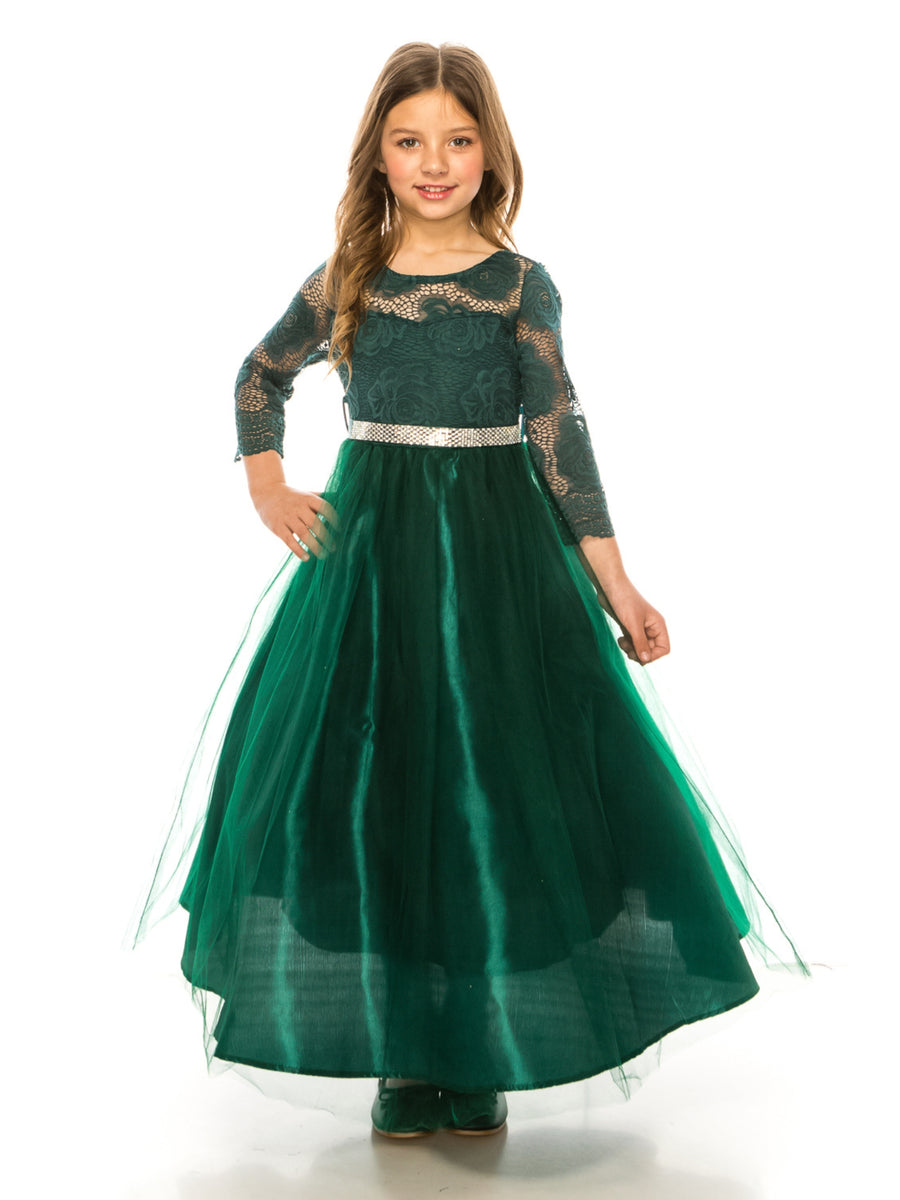 Girls Floral Lace Illusion Dress with Metallic Belt and V-Neck Back, Sizes 4-16