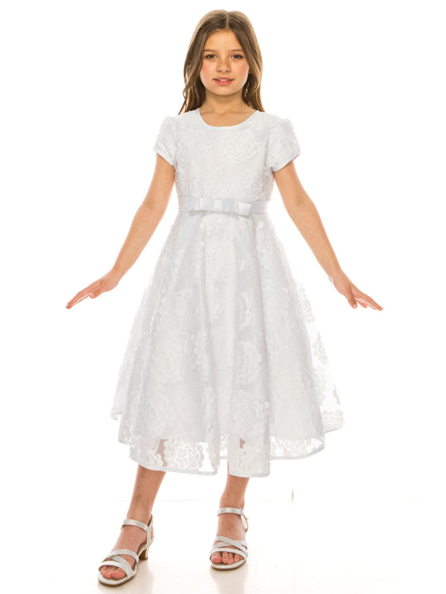 Girls Communion Dress with Floral Applique, Double Bow Waist Sash, and Satin Trim, Size 18