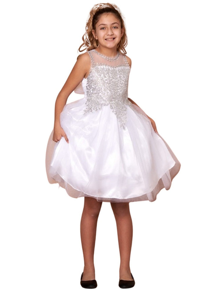 Girls White Embroidered Illusion Neckline Junior Bridesmaid Dress 10