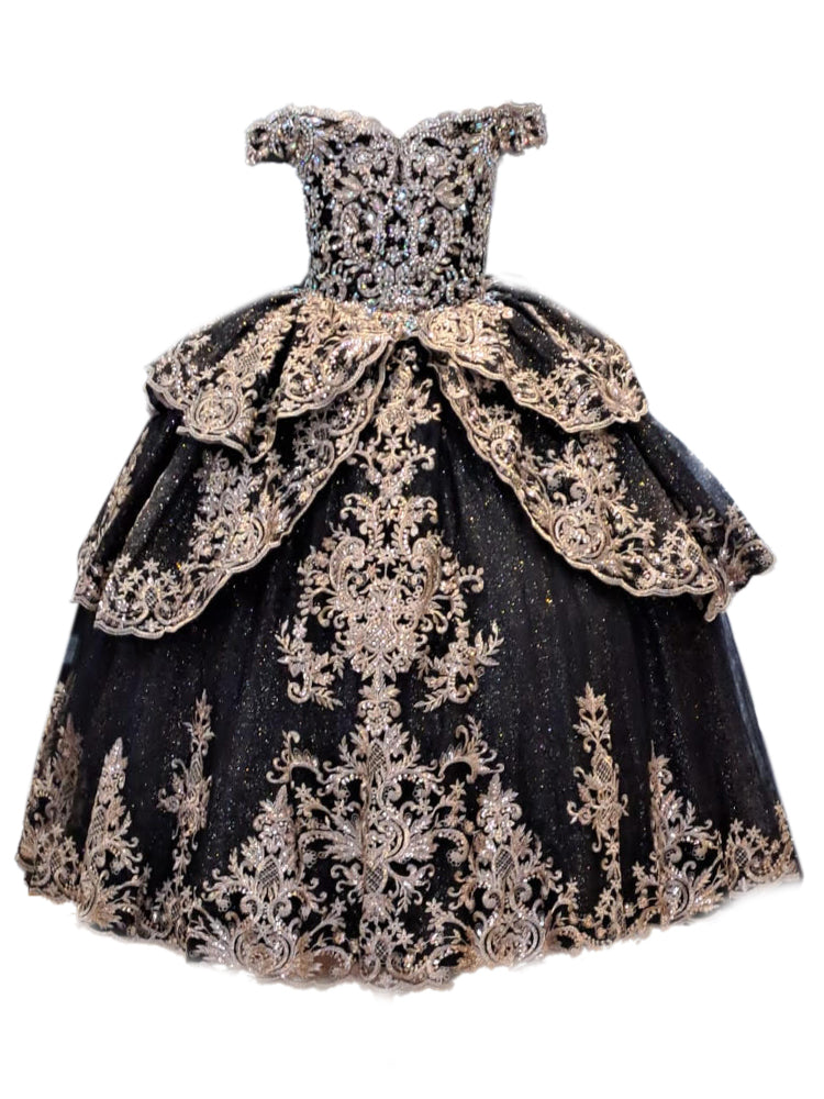 Big Girls Black Glittery Gold Embroidered Off Shoulder Ball Gown 8-16