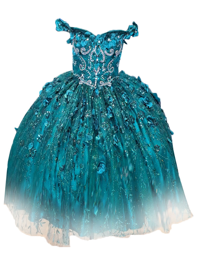 Big Girls Emerald Green Rhinestone Flower Applique Off Shoulder Ball Gown 8-16