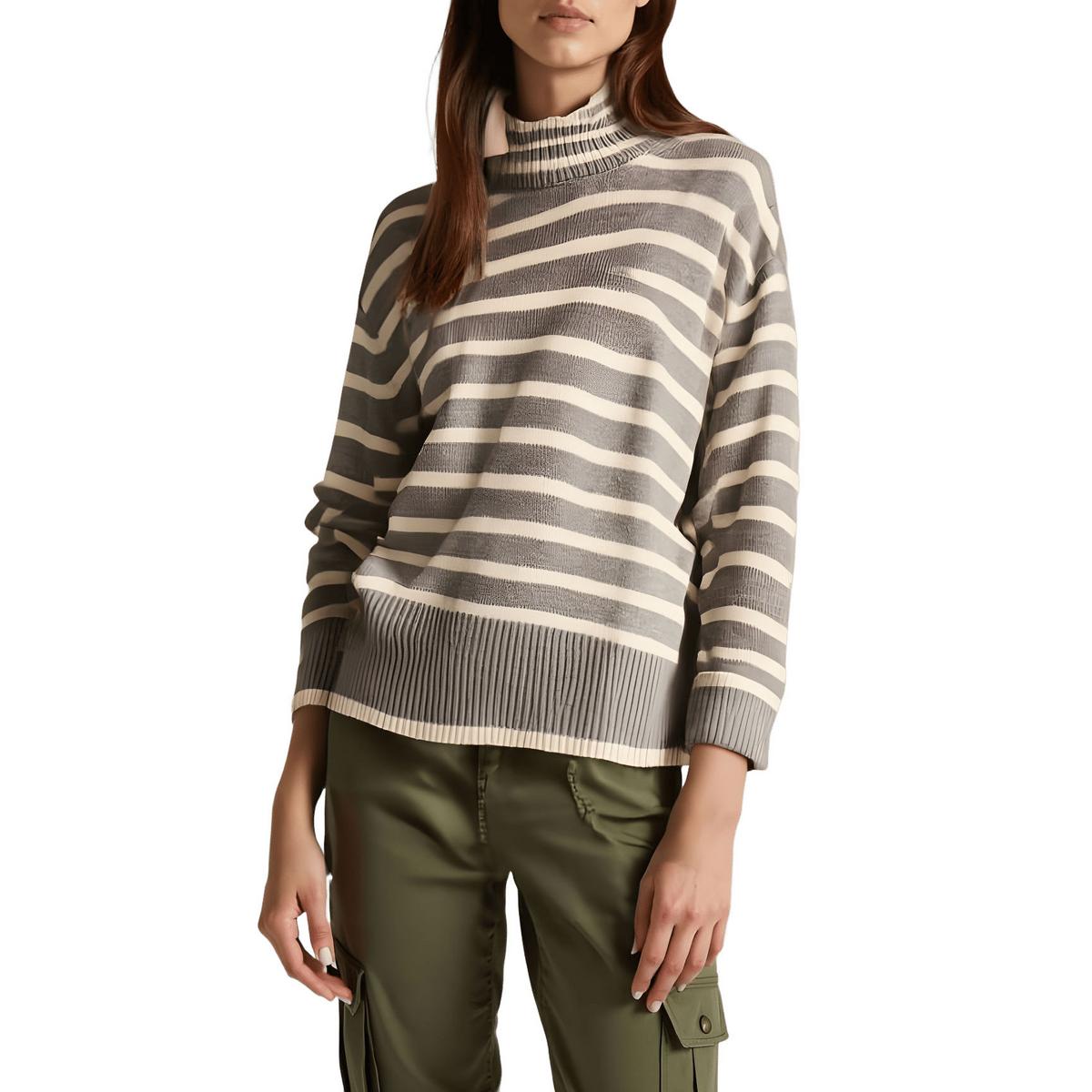 Striped Ribbed Knit Mock Turtleneck Sweater