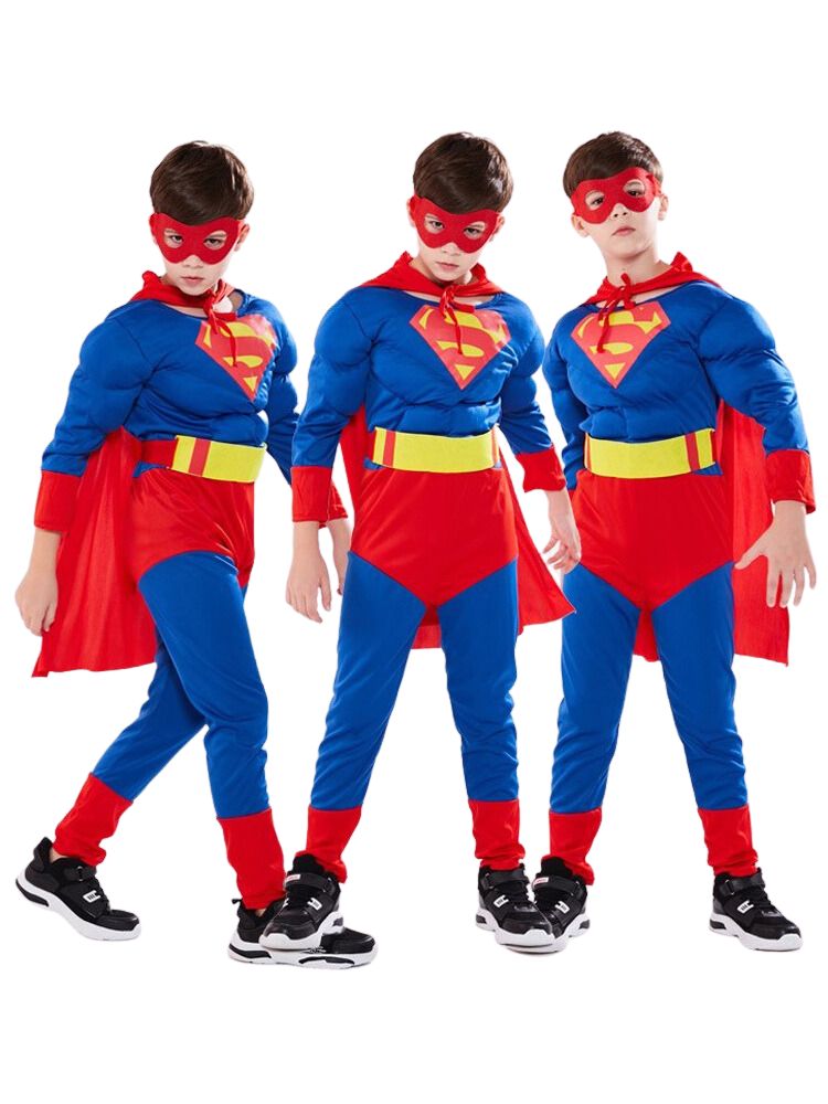 Boys Red Blue Yellow Muscle Super Hero Halloween Party Dress Up Costume 2-8