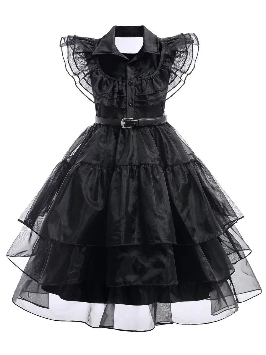 Girls Black Tiered Multi Layer Ruffled Belted Party Halloween Dress 3-10