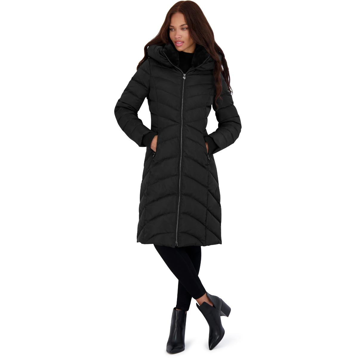 Long Quilted Puffer Coat with Faux Fur Collar
