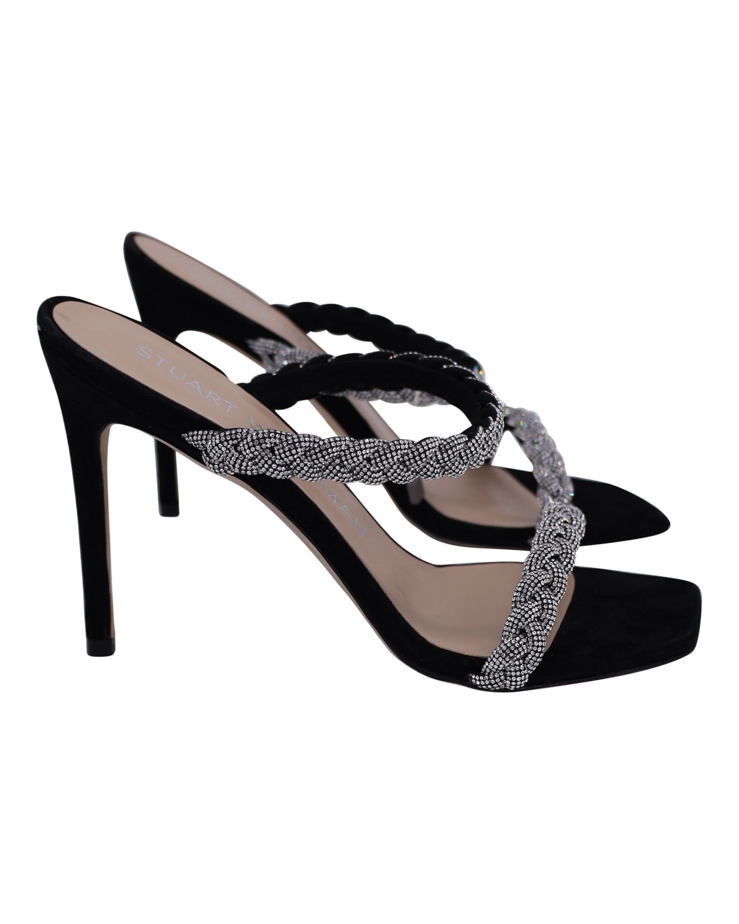 Stuart Weitzman Addison Crystal Embellished Mules in Black Suede