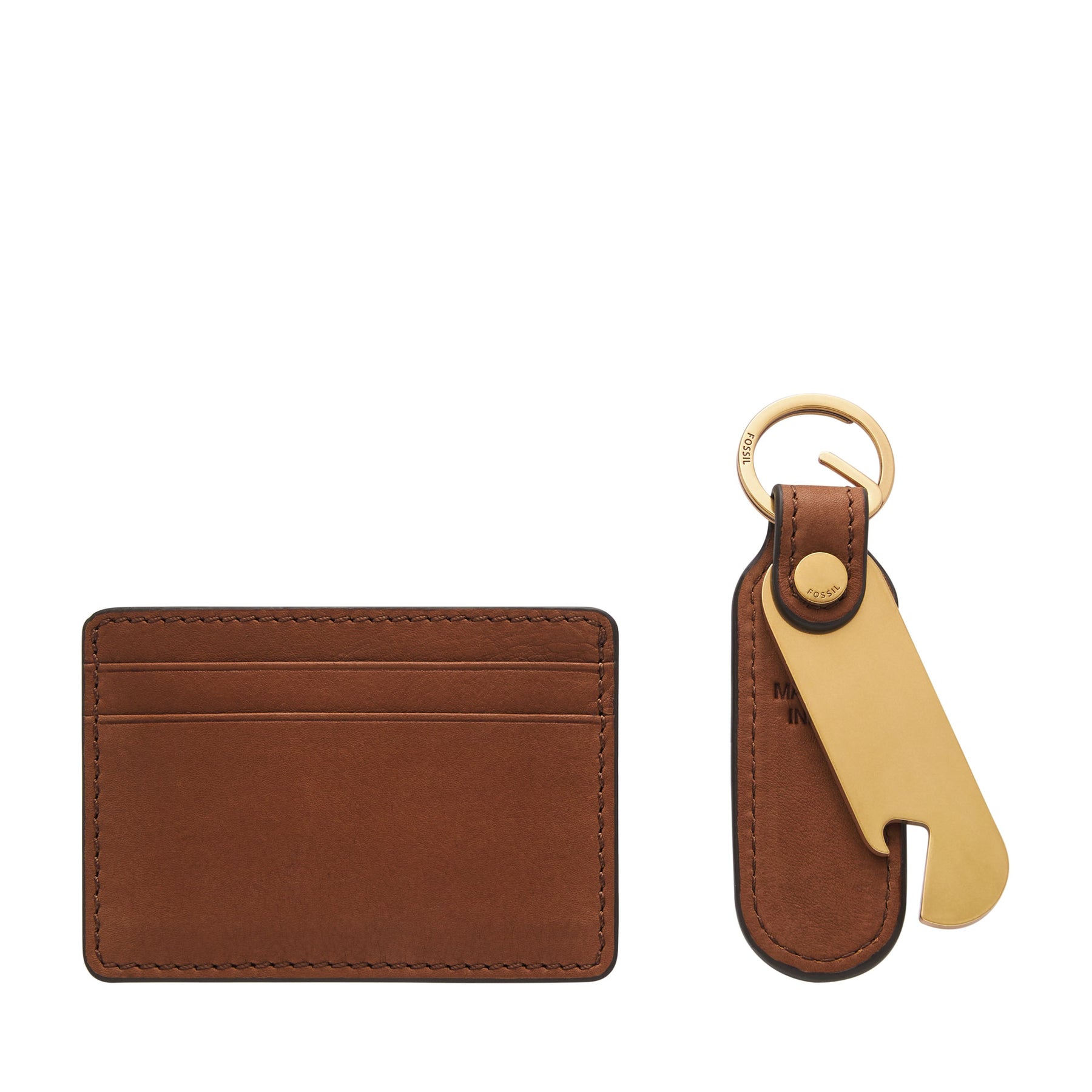 Fossil Men's Steven Leather Card Case and Keyfob Bottle Opener Gift Set 7643070332988