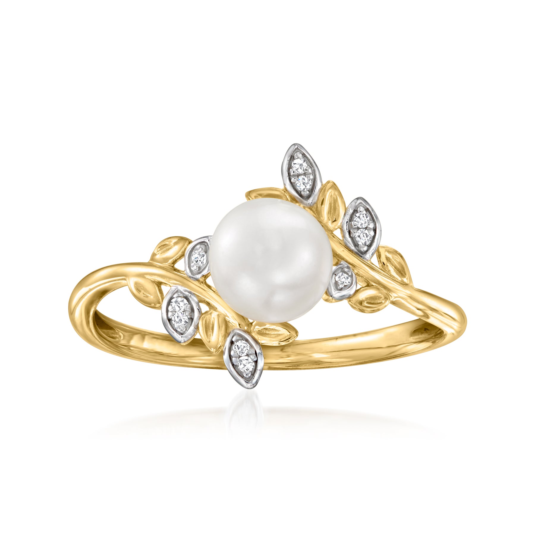 Ross-Simons 6-6.5mm Cultured Pearl Leaf Ring With Diamond Accents in 14kt Yellow Gold 7731265044540