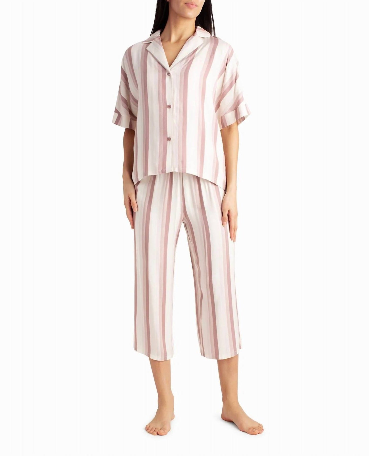Woven Shirt And Capri Two-Piece Sleepwear Set In Dune Textured Block Stripe 7692266471484