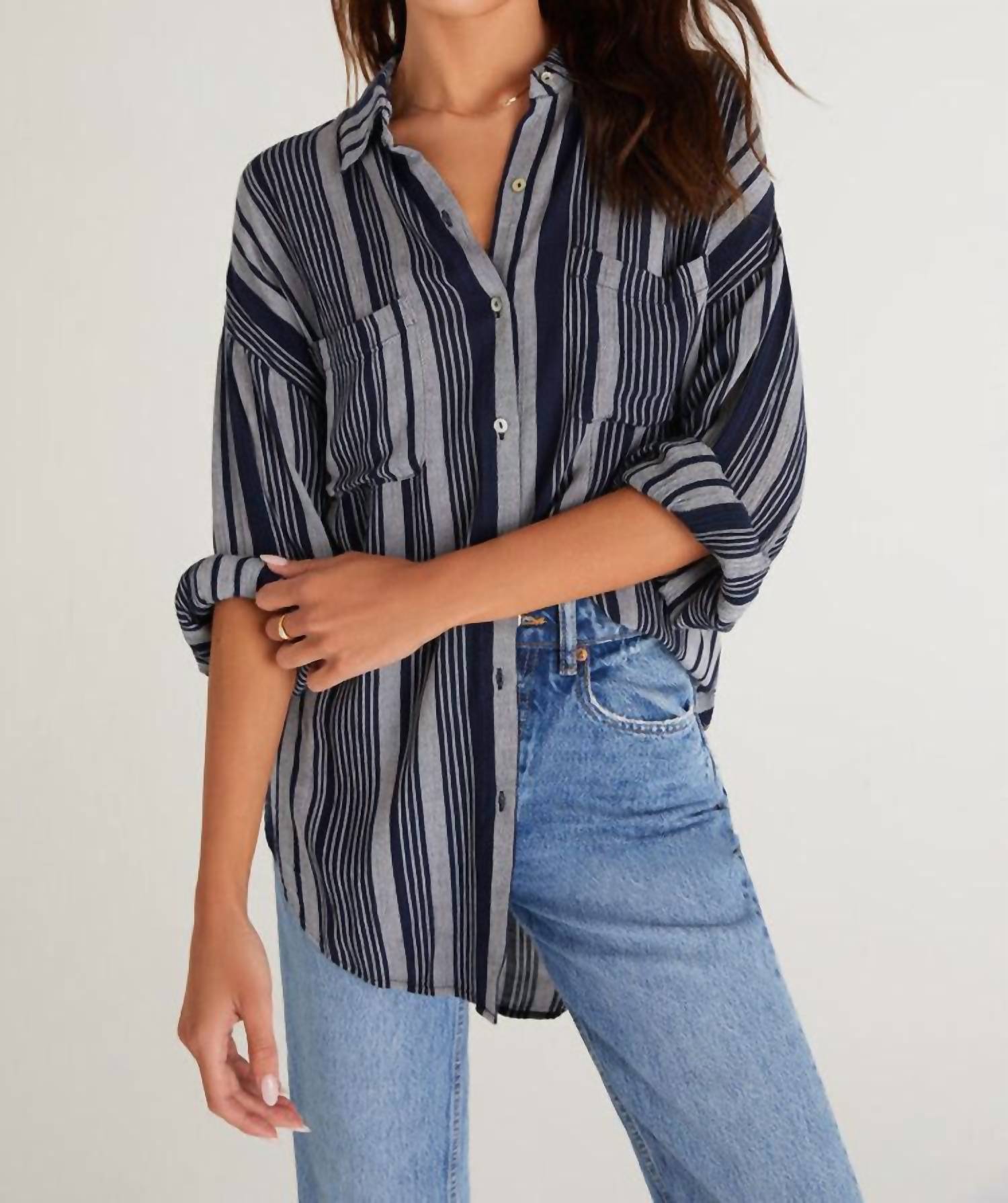 Lalo Striped Button Up Top In Midnight Blue