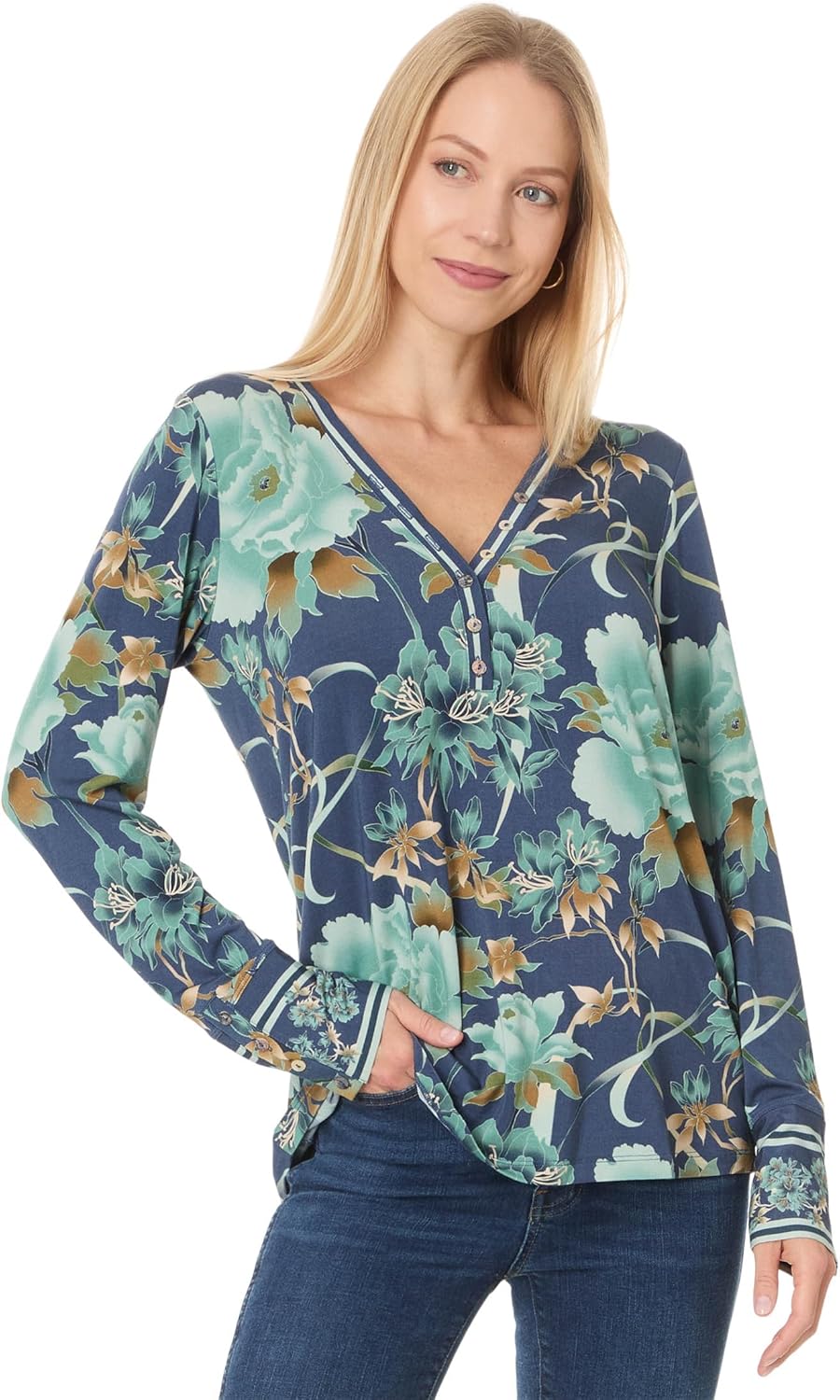 Johnny Was Women's The Janie Favorite Henley, Peonee Blue 7826938331196