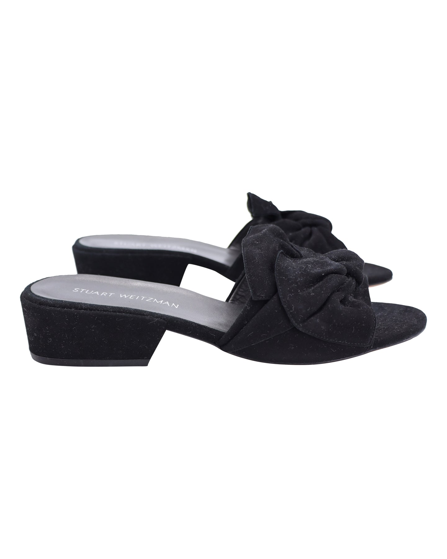 Stuart Weitzman Bow Block-Heel Slides in Black Suede