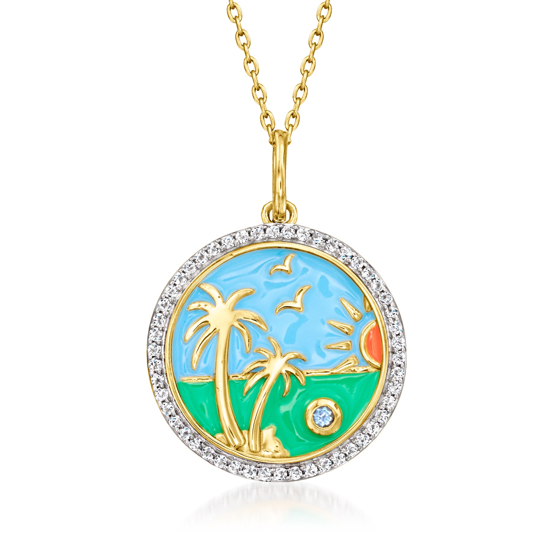 Ross-Simons White Topaz Beach Pendant Necklace With Multicolored Enamel and Swiss Blue Topaz in 18kt Gold Over Sterling