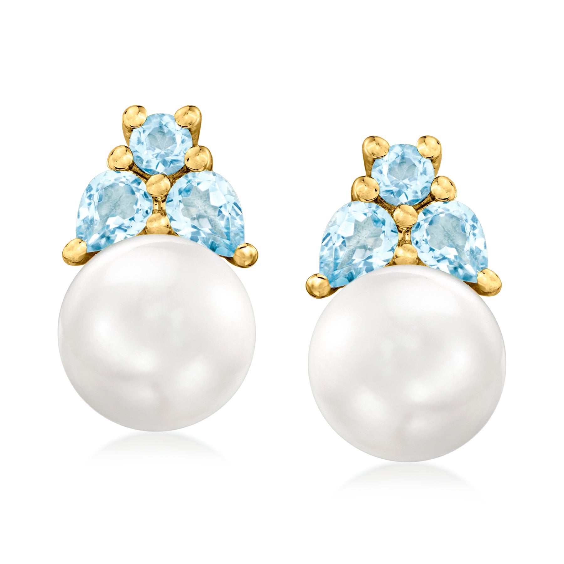Ross-Simons 7.5-8mm Cultured Pearl and . Sky Blue Topaz Earrings in 18kt Gold Over Sterling