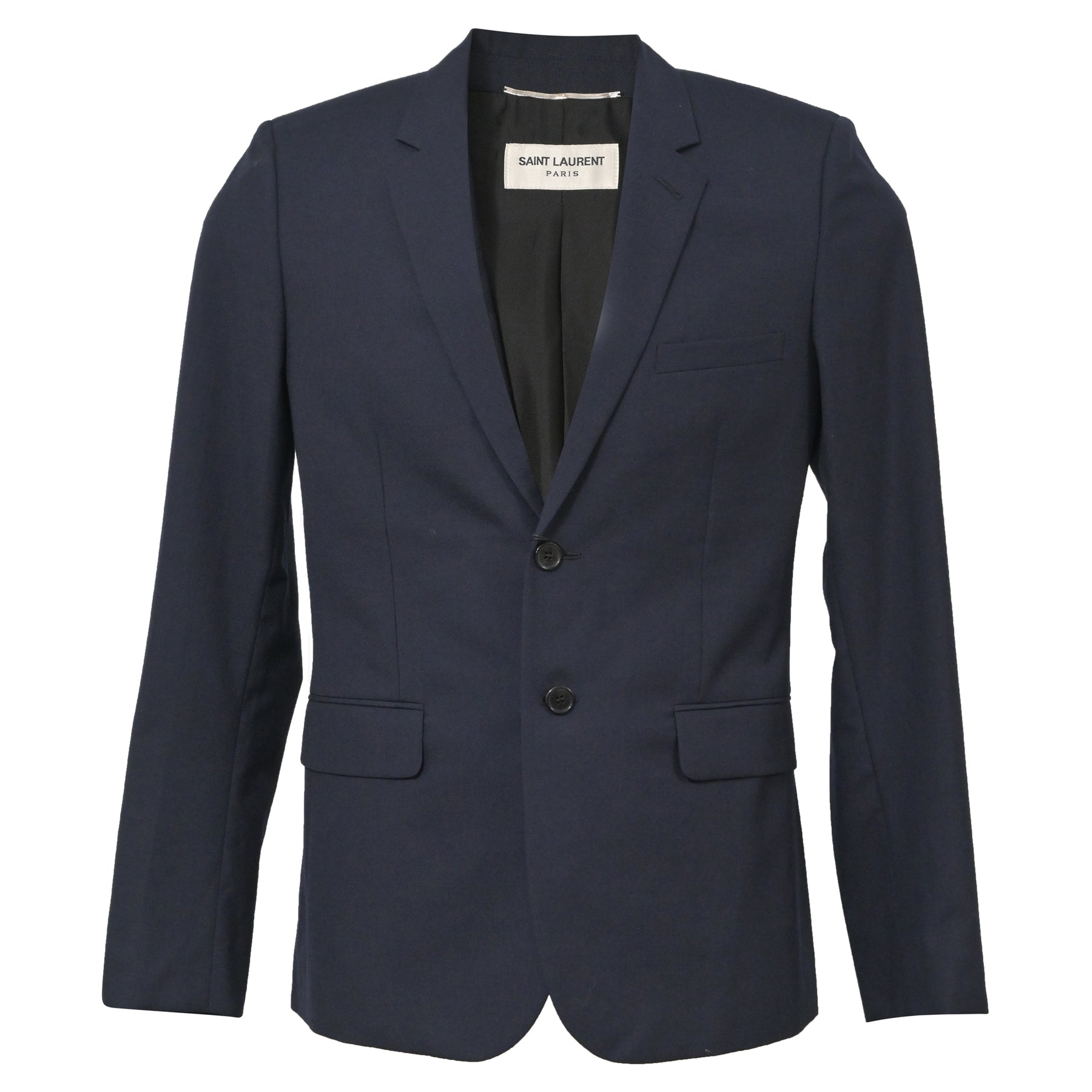 Saint Laurent Single Breasted Blazer in Navy Blue Wool