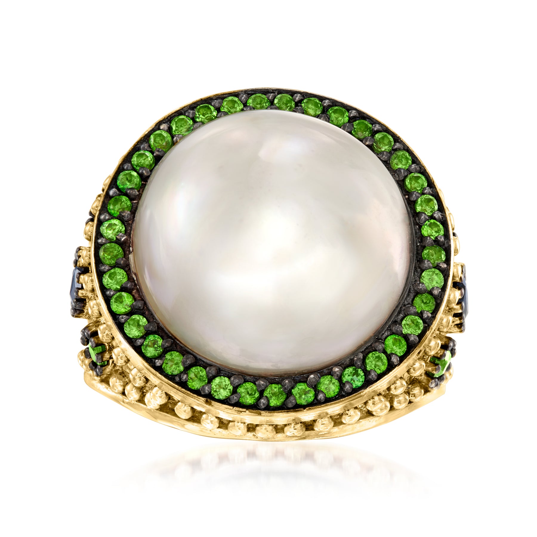 Ross-Simons 15mm Cultured Mabe Pearl and . Chrome Diopside Ring With . Sapphires in 18kt Yellow Gold Over Sterling
