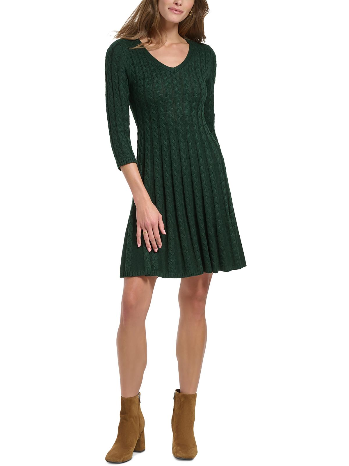 Petites Womens Cable Knit V-Neck Sweaterdress