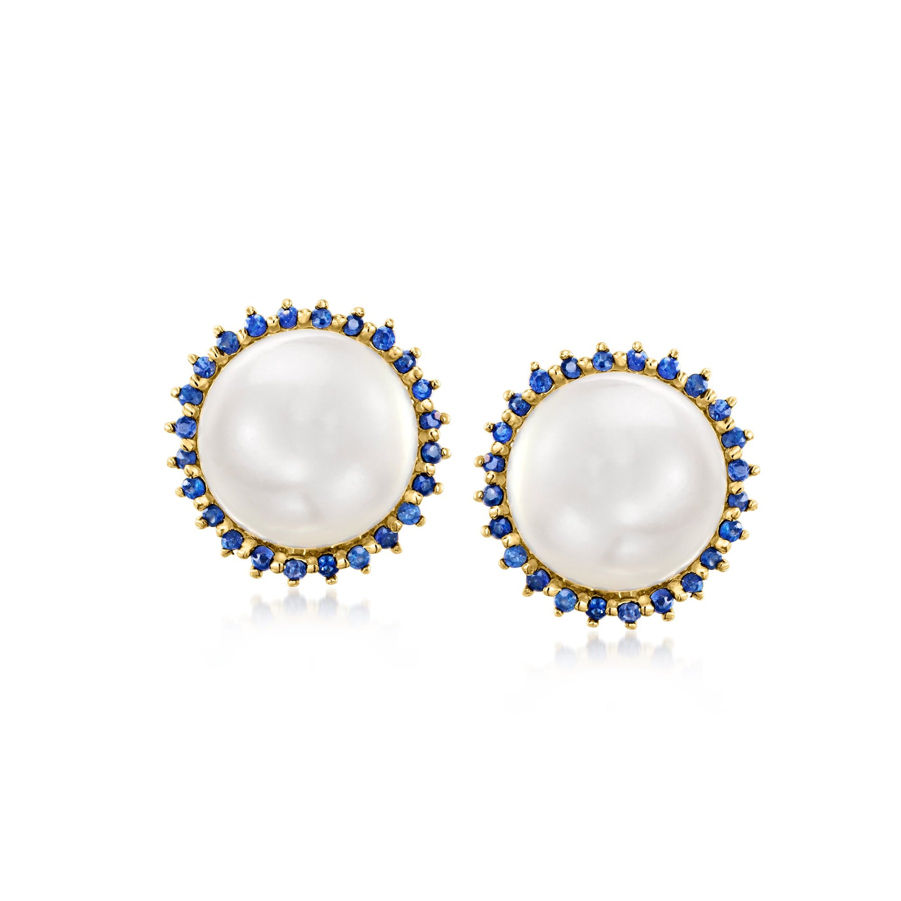 Ross-Simons 9-9.5mm Cultured Pearl and . Sapphire Earrings in 14kt Yellow Gold