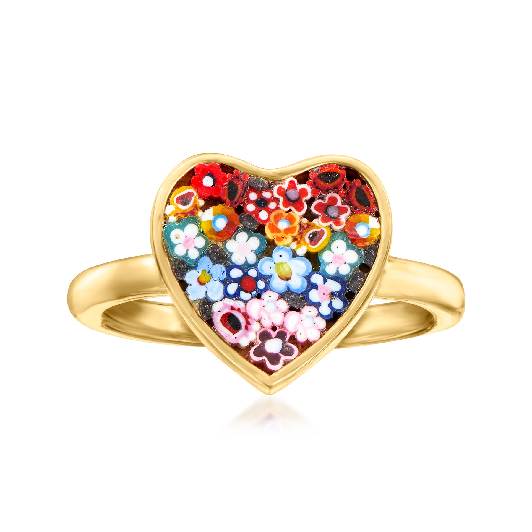 Ross-Simons Italian Multicolored Murano Glass Mosaic Floral Heart Ring in 18kt Gold Over Sterling