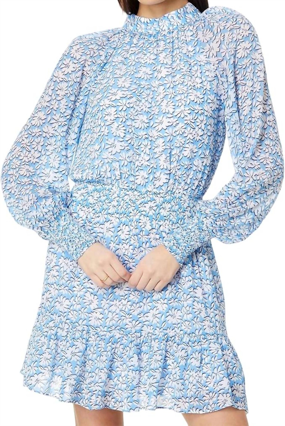 Ellielynn Long Sleeve Dress In Lunar Blue Palm Beach Petals