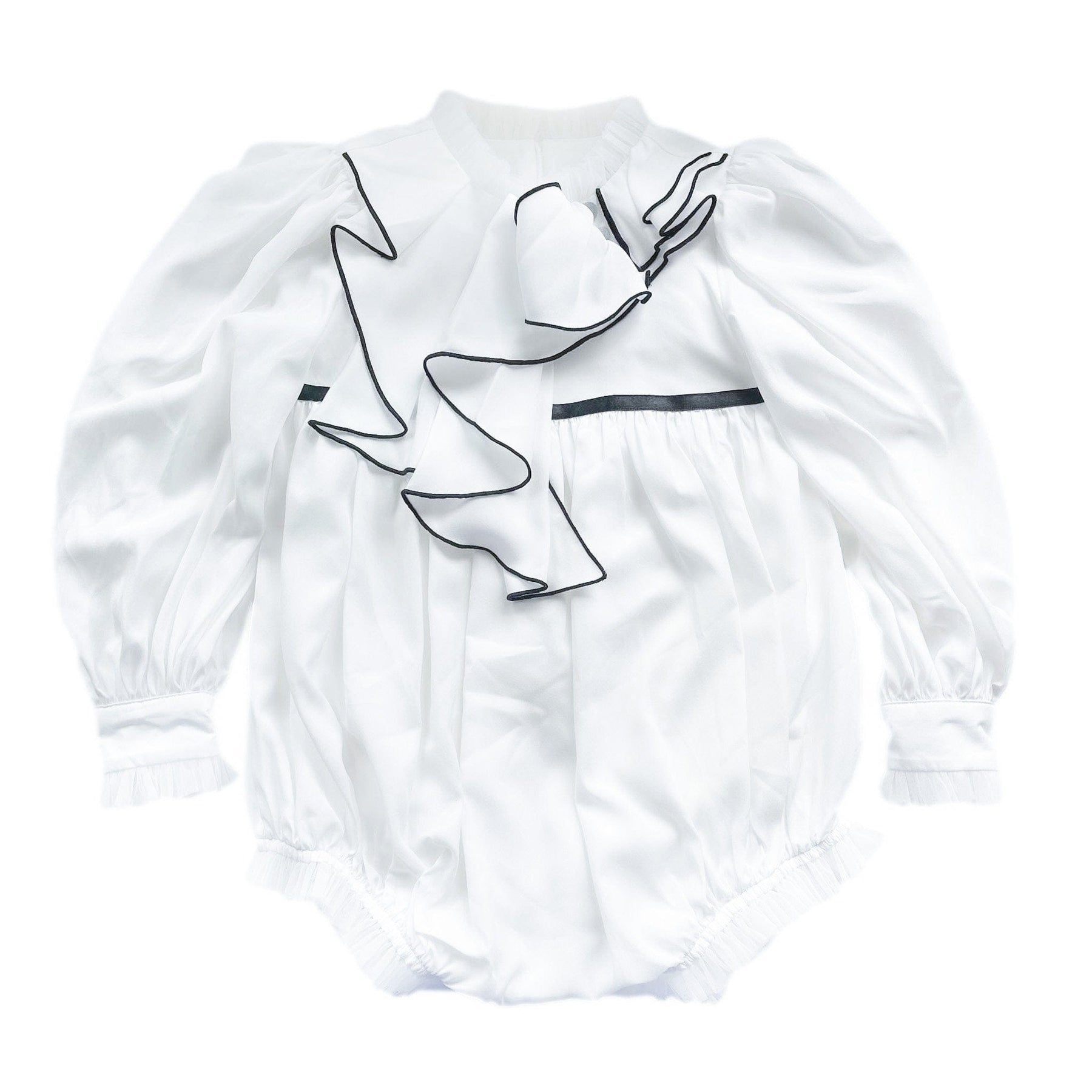 Gwen White Romper with Black Ruffle Trim 7745618575420