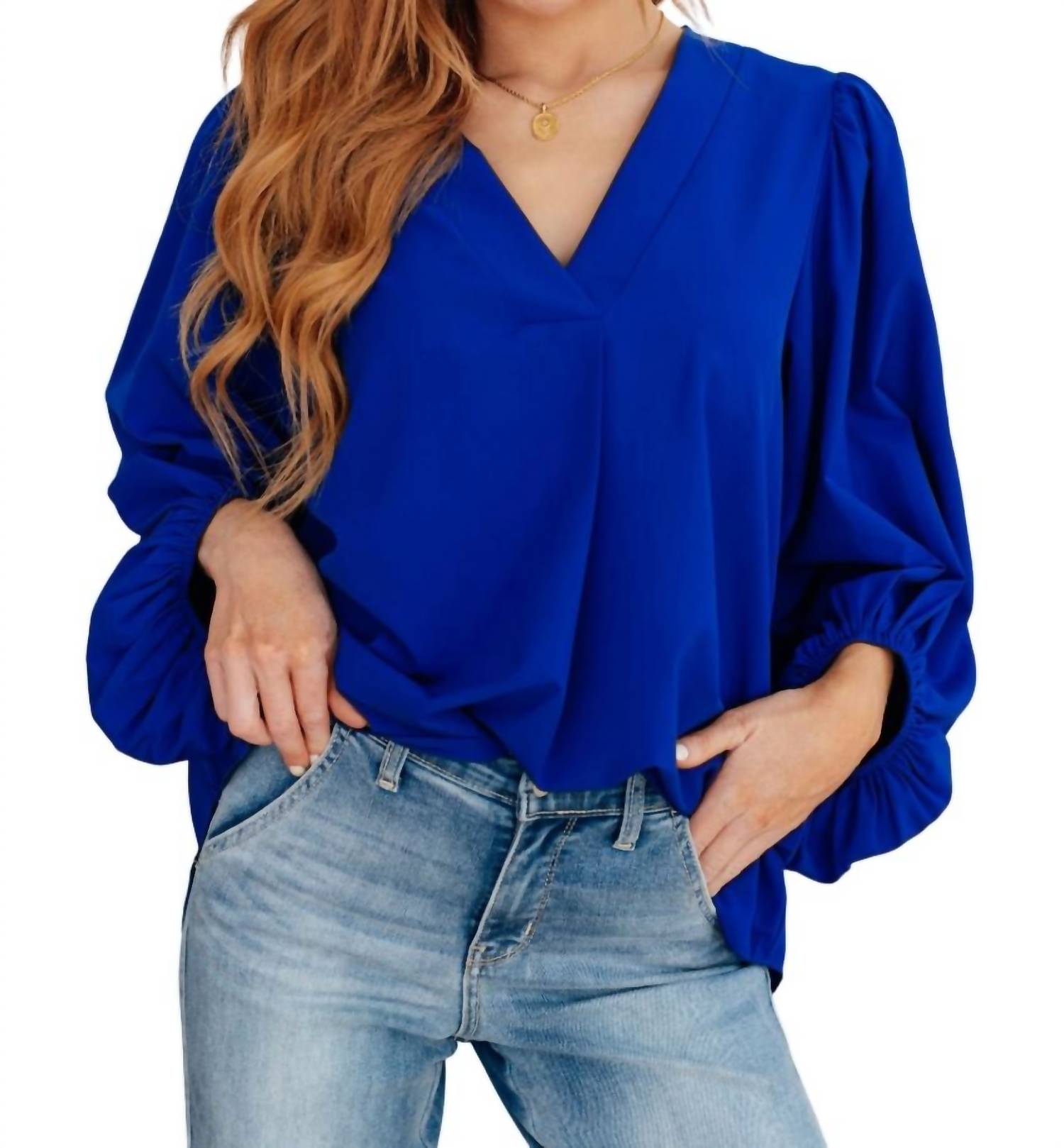 What Do You Say Balloon Sleeve Blouse In Royal Blue