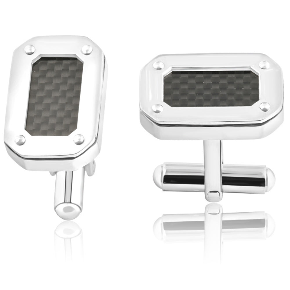 Men's Stainless Steel And Black Carbon Fiber Rectangle Polished Cufflink 14mm 7802626211900
