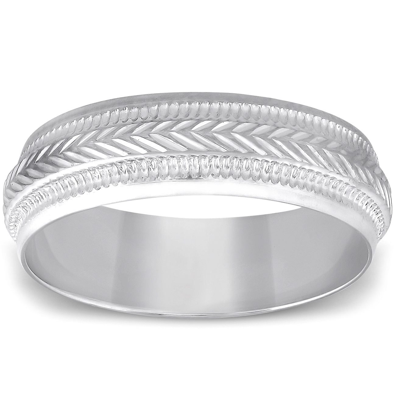 6mm Mens 10K White Gold Brushed Hand Carved Pattern Wedding Band Size Selectable 7802597048380