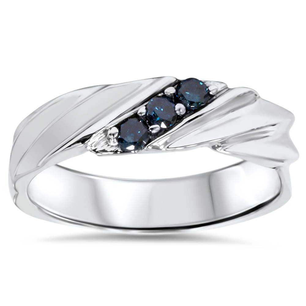 1/10ct Treated Blue Diamond Mens Three Stone Wedding Ring 14K White Gold Size Selectable 7802394378300