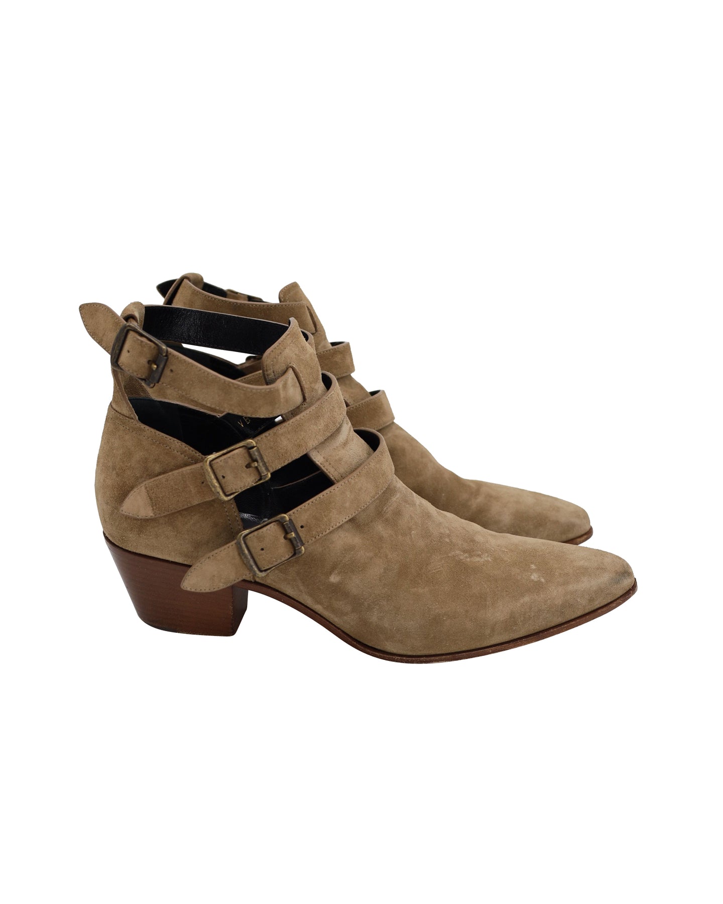 Saint Laurent Rock Triple-Strap Ankle Boots in Beige Suede