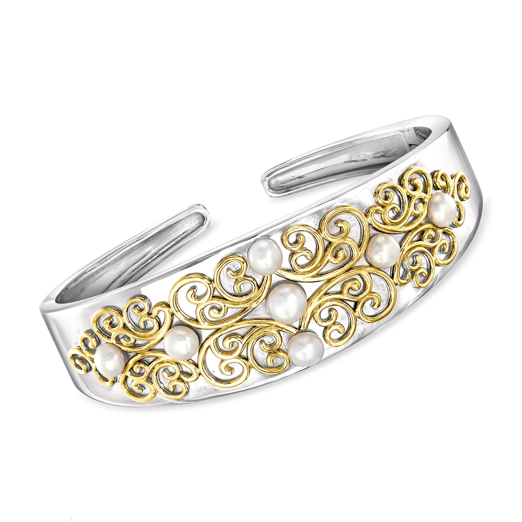 Ross-Simons 4.5-5.5mm Cultured Pearl Cuff Bracelet in 2-Tone Sterling Silver 7731256852540