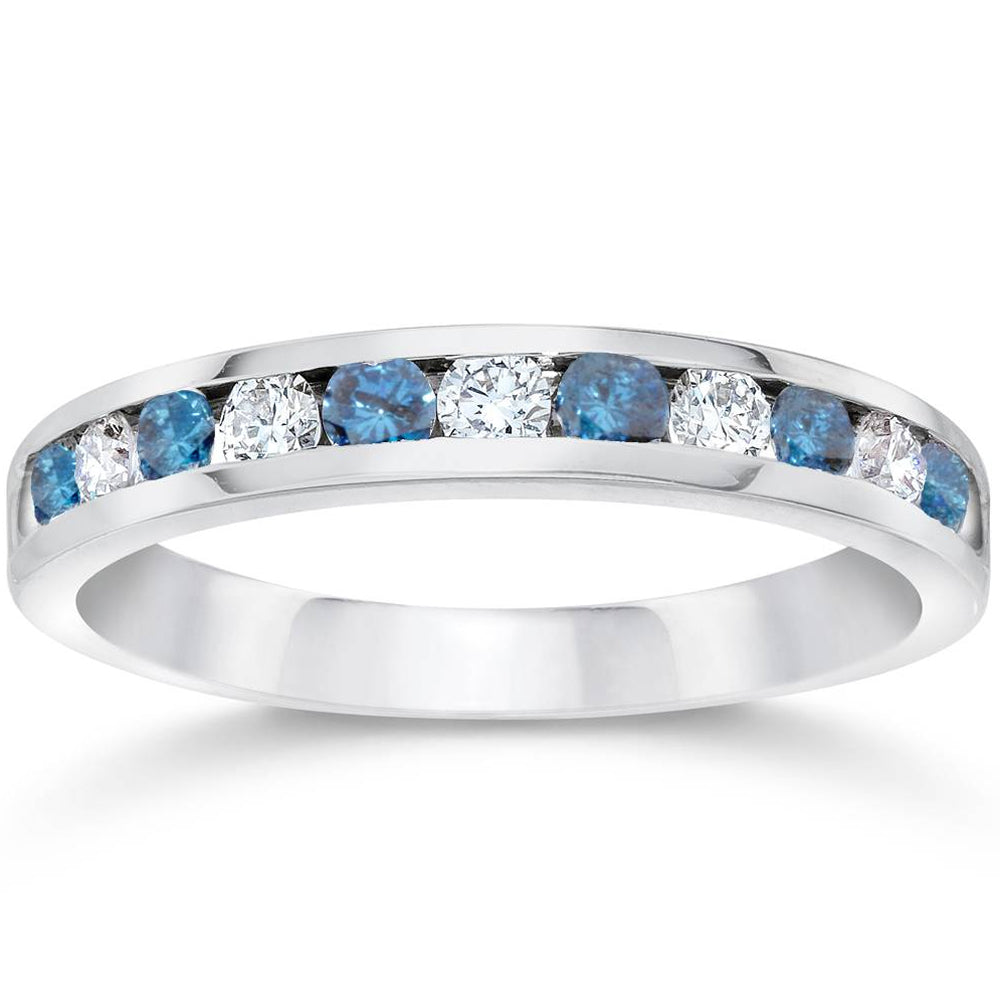 1/2ct Blue & White Diamond Channel Set Wedding Ring 14K White Gold Size Selectable 7802414989372