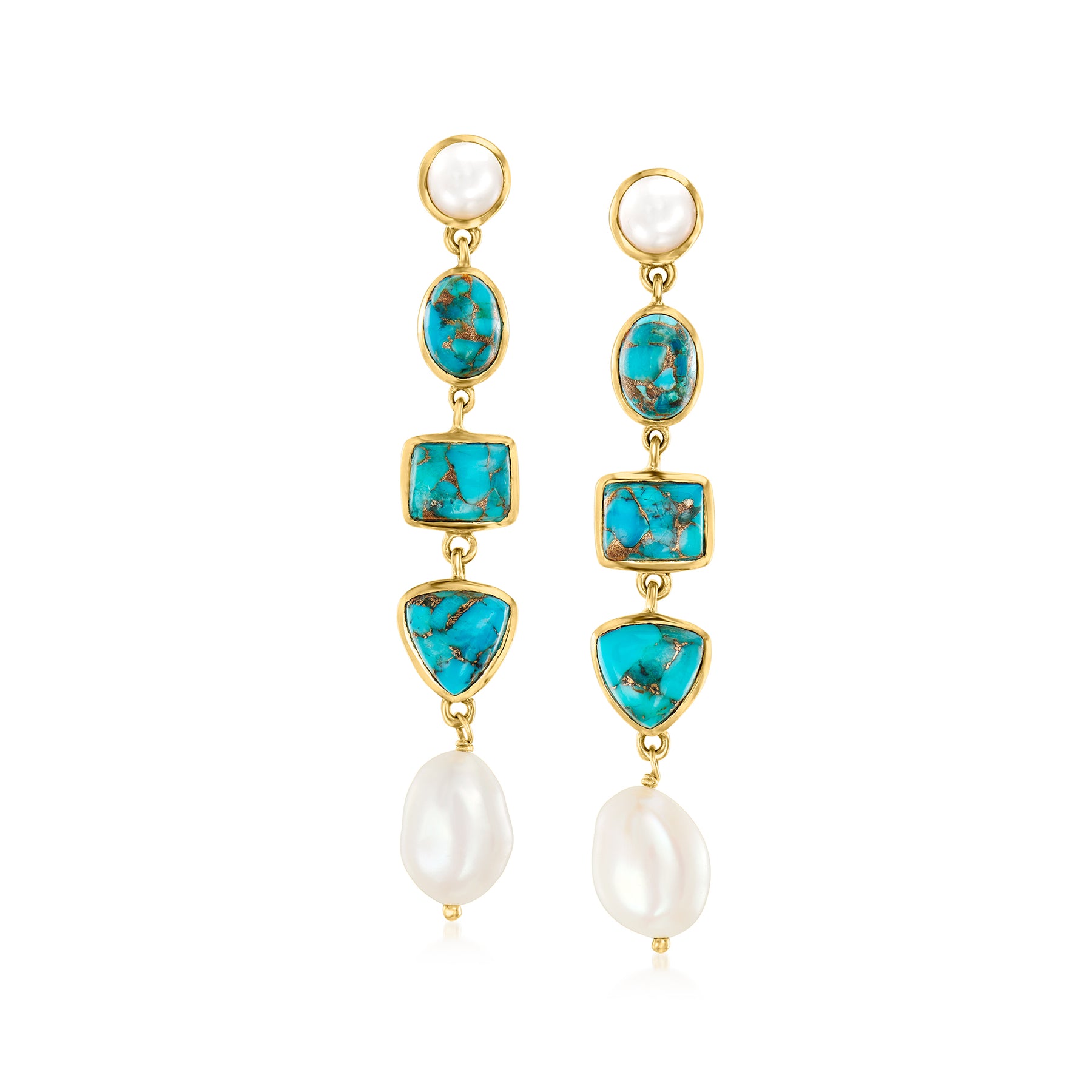 Ross-Simons Turquoise and 6-9mm Cultured Pearl Drop Earrings in 18kt Gold Over Sterling