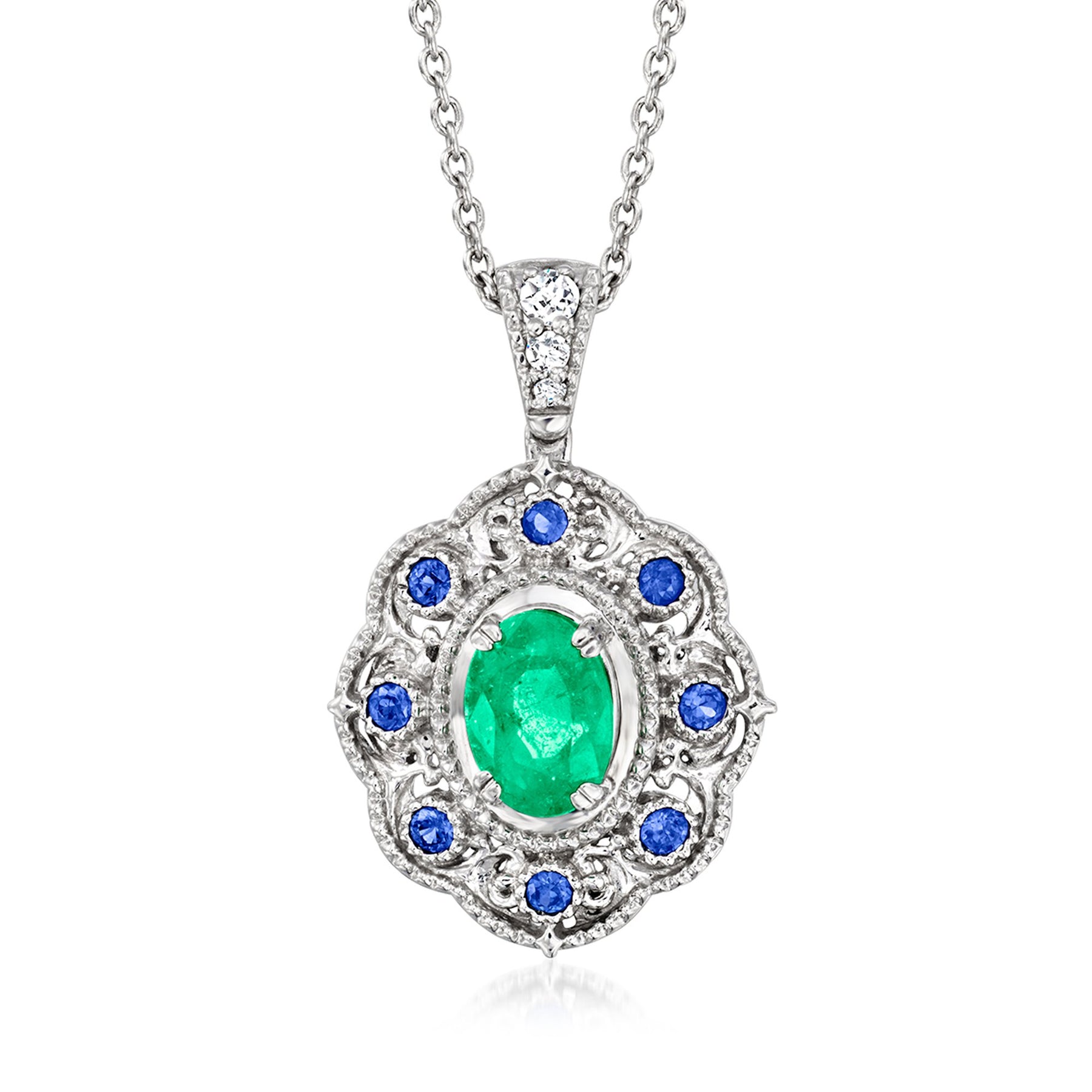 Ross-Simons Emerald and . Sapphire Pendant Necklace With Diamond Accents in Sterling Silver