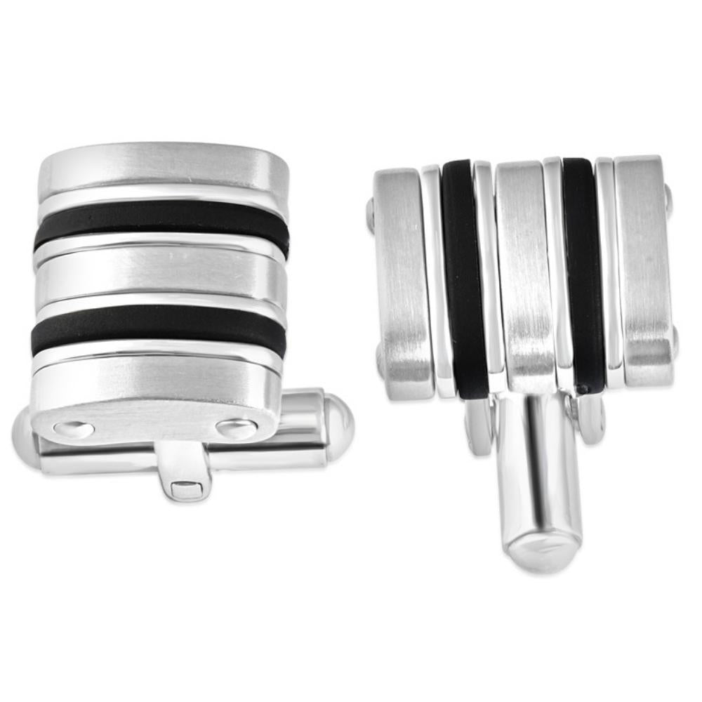Men's Polished Stainless Steel And Brushed Black Striped 12.5mm Cufflink 7802609860668