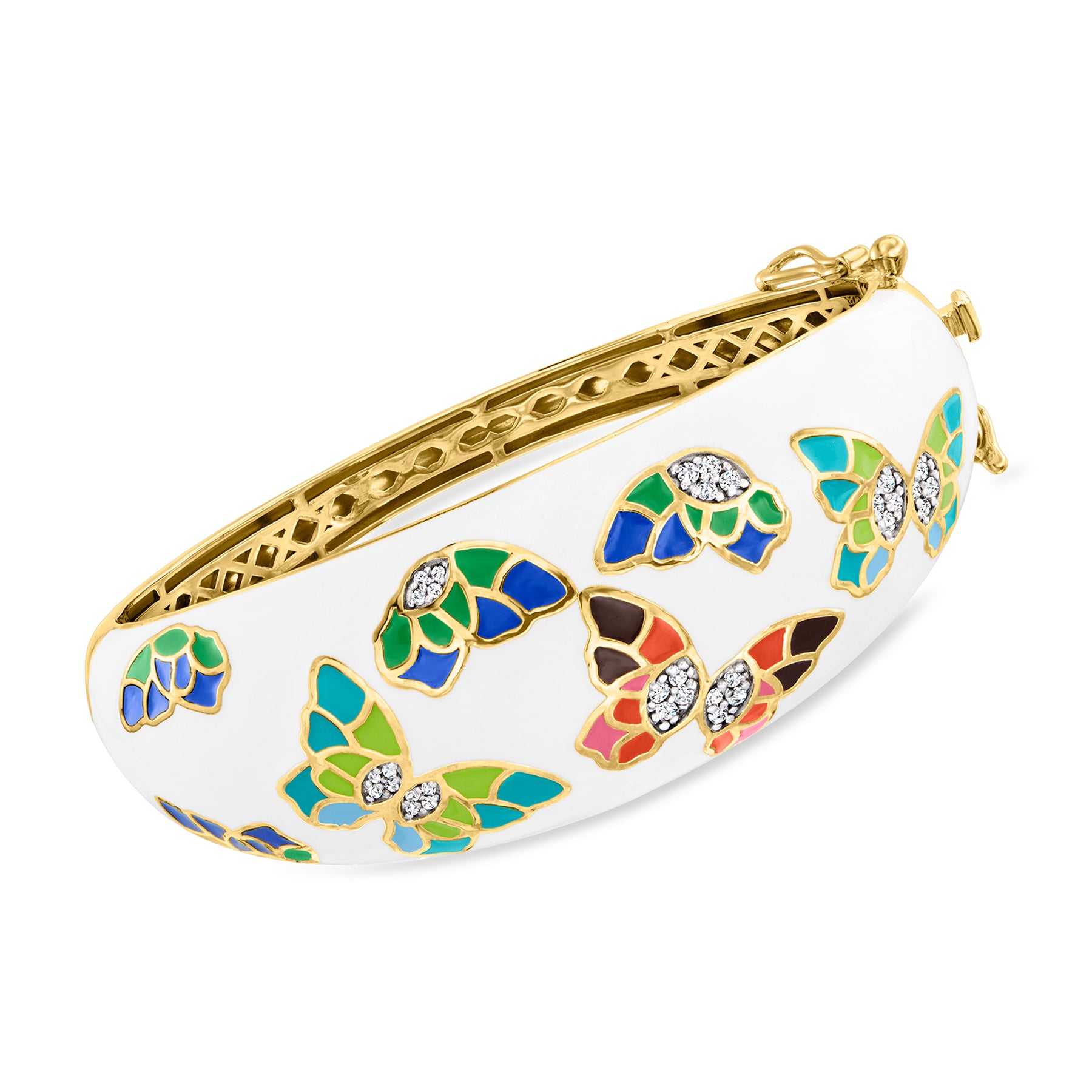Ross-Simons White Topaz and Multicolored Enamel Butterfly Bangle Bracelet in 18kt Gold Over Sterling 7731257245756