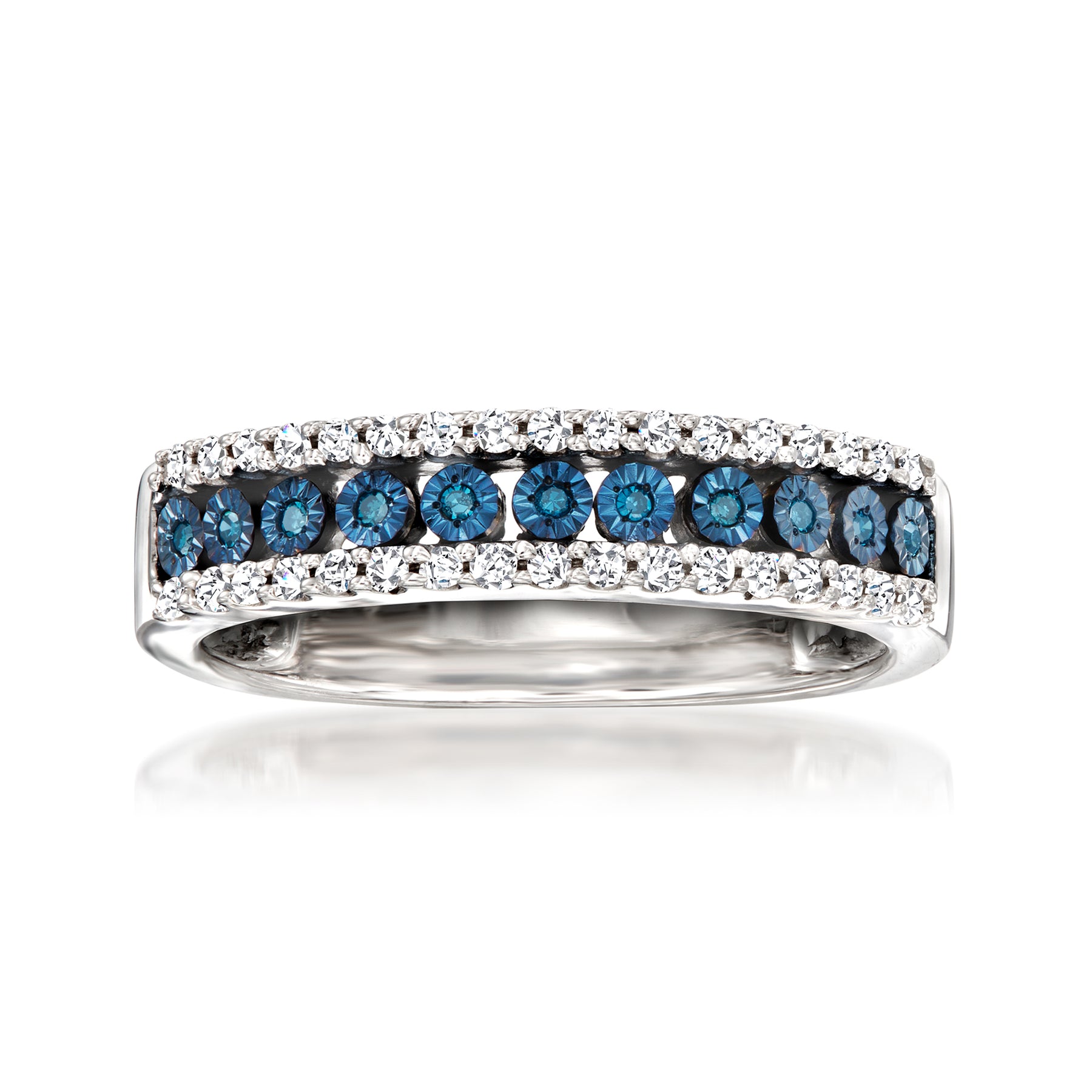 Ross-Simons White and Blue Diamond 3-Row Ring in Sterling Silver