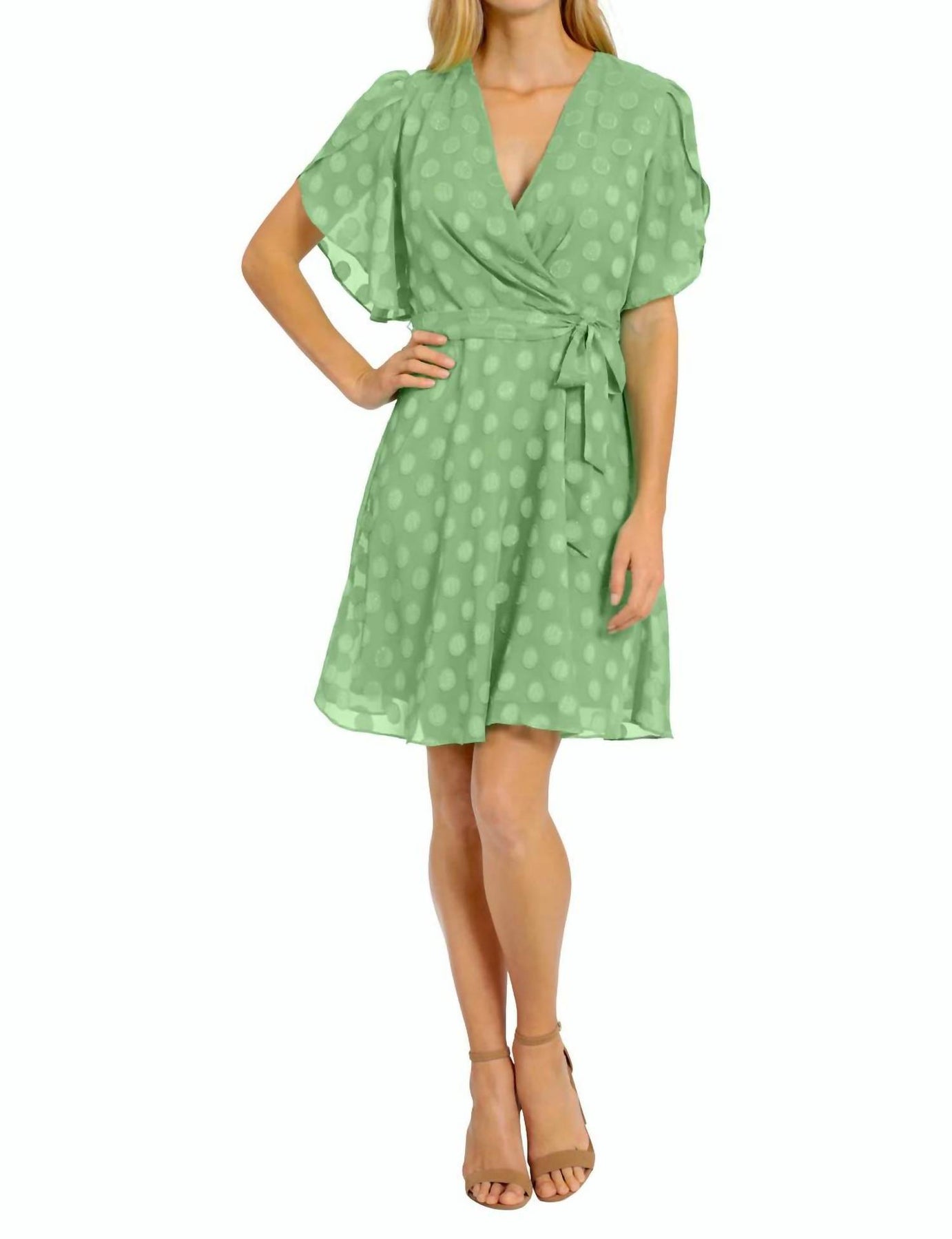 Caillan Pleated Surplice Dress In Absinthe Green Polka Dot