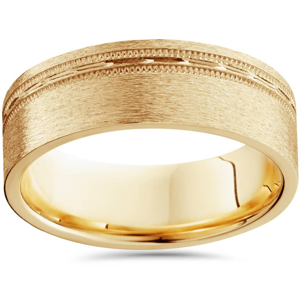 Mens 6mm Flat Brushed Offset Wedding Band 14K Yellow Gold Size Selectable 7802585088060