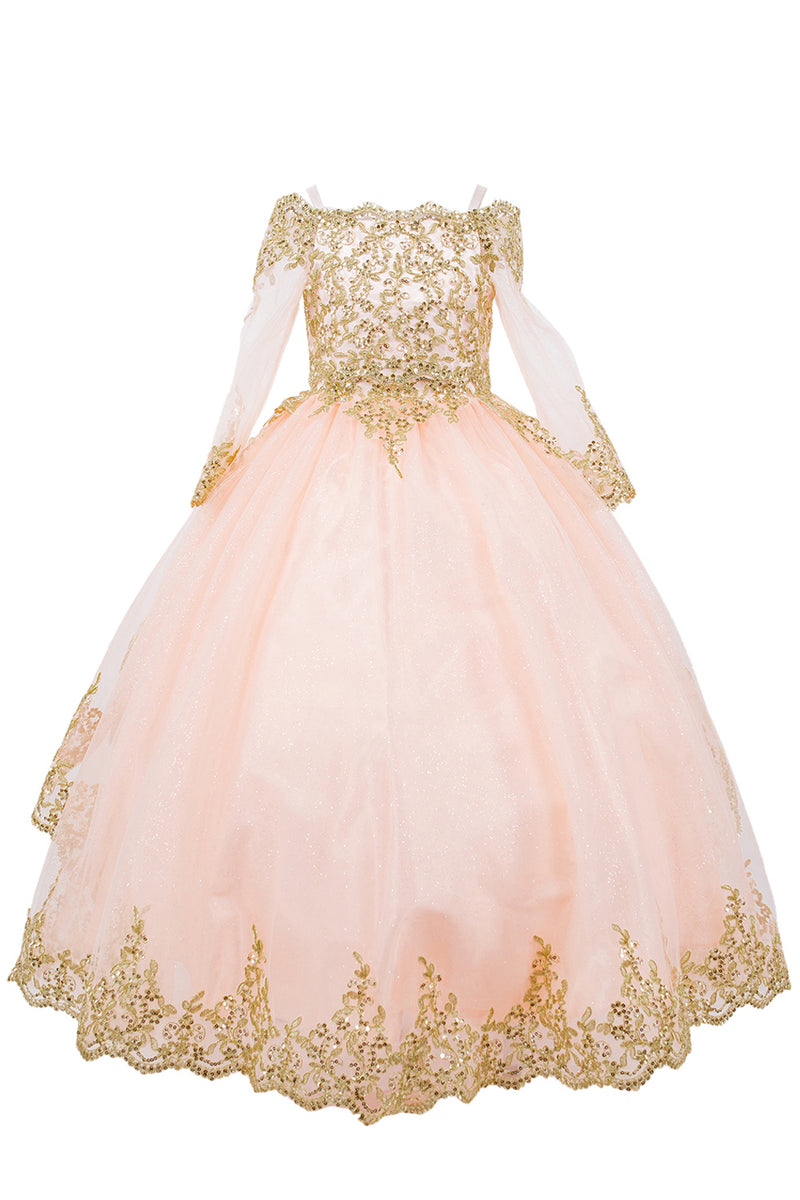 Bliss Girls Glitter Tulle Gold Coil Lace Flower Girl Junior Bridesmaid Dress, Sizes 2-16