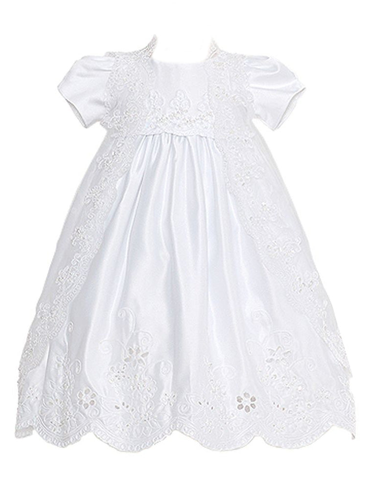White Satin Puff Sleeve Pearl Baptism Dress Girls 6M-4T