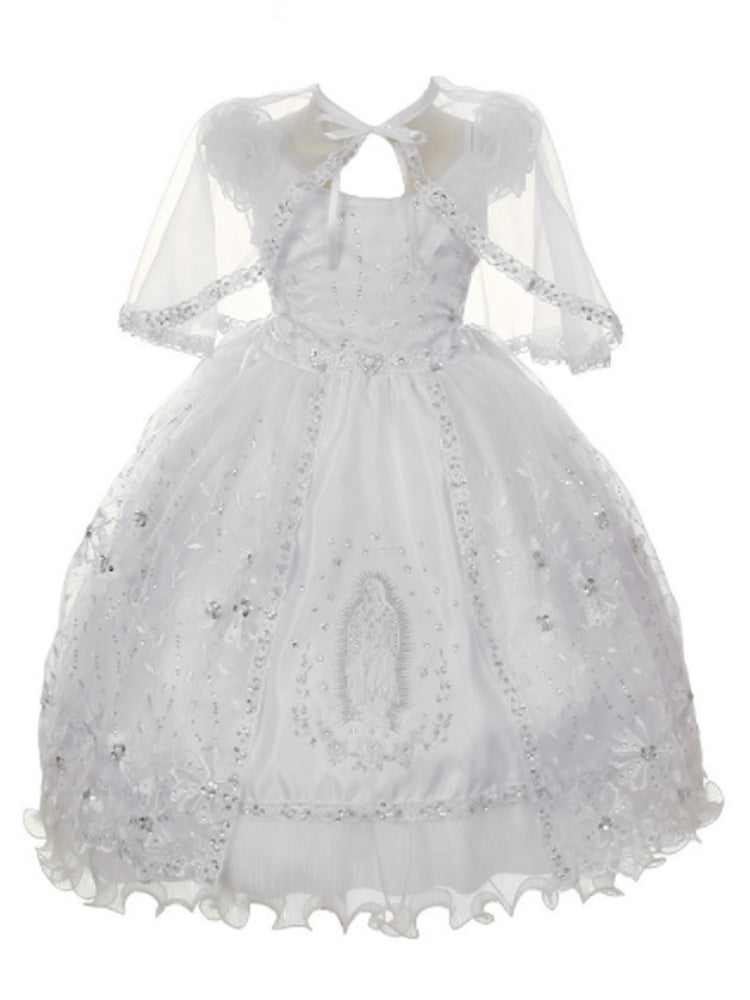 Little Girl White Organza Rhinestone Baptism Cape Dress 2T-6
