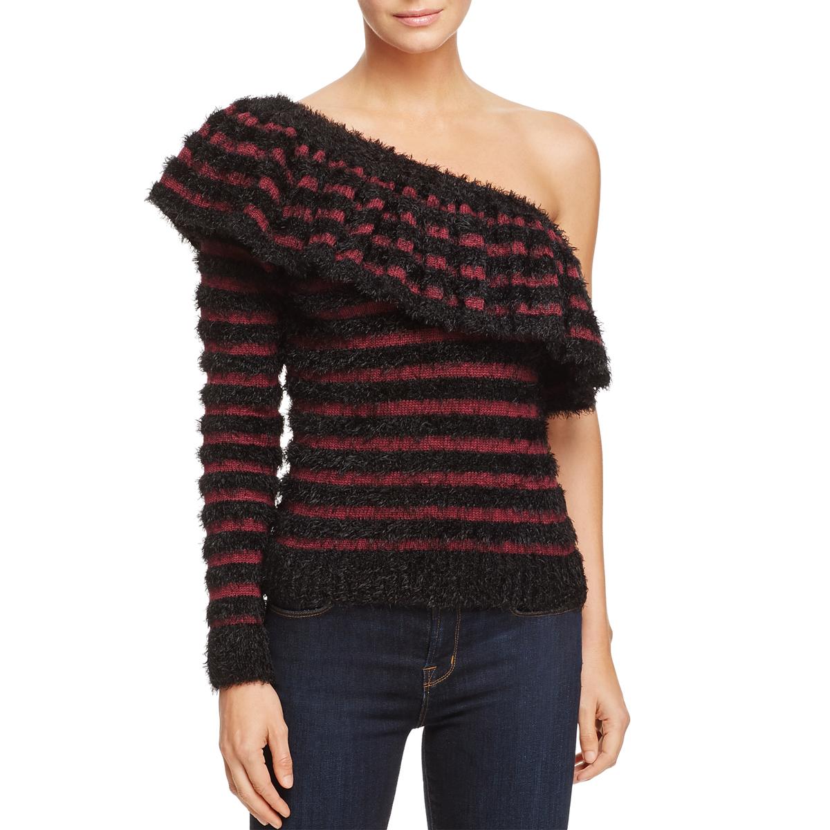 Wayf Johnie Ruffled Shadow Stripe One Shoulder Sweater