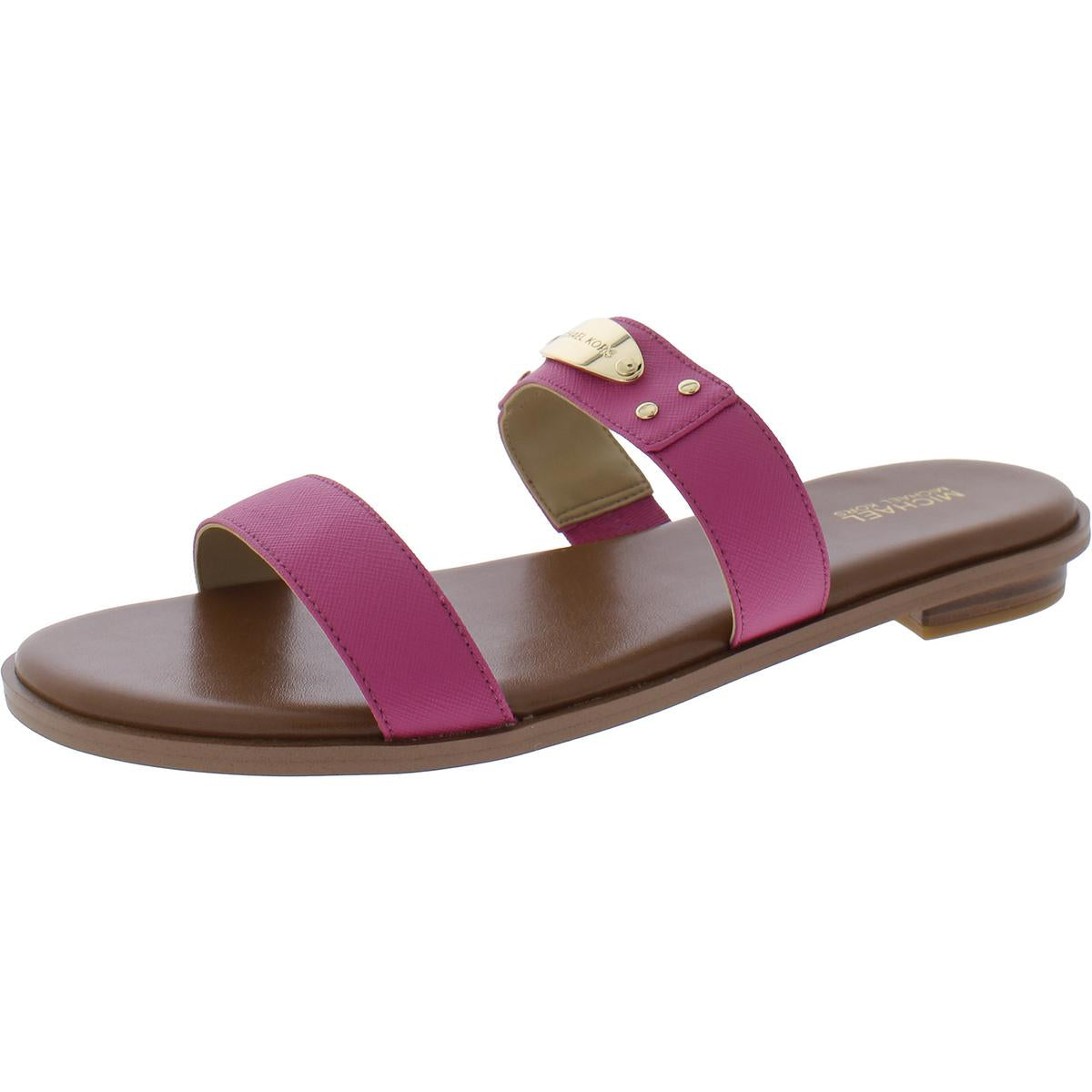 MK Plate Slide Faux Leather Round Toe Slide Sandals