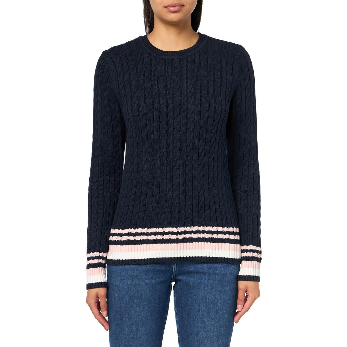 Contrast Trim Cable Knit Crewneck Sweater